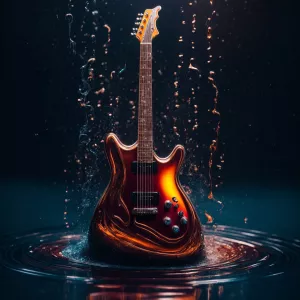 A guitar made of liquid metal flowing the music notes dripping