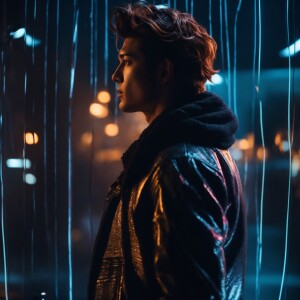 A dynamic K-pop artist stands center stage, illuminated by vibra...