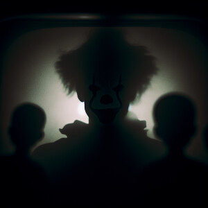 Darkness, silhouettes of a scary sinister clown are visible in i...