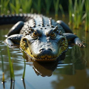 A realistic alligator pushing aside water rushes  to afford him...