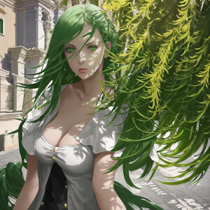 a young lady, 25 years old, green hair, green eyes, a sunny day...