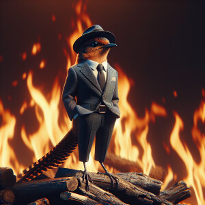 Bird in business suit and hat stay in flame