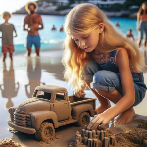 an american cute girl creating a nissan titan truck using sand o...