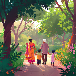 grandparents and kids going for walk in beautiful park in modern...