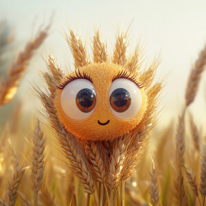 Animate an ear of wheat with large, expressive eyes in a cartoon...