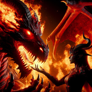 A menacing demon dragon with blood-red scales and glowing eyes,...