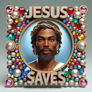 "Create a 3D realistic artwork featuring the phrase 'Jesus Saves...