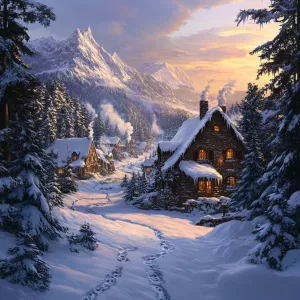 Create an image of a magical winter landscape: a snow-covered vi...