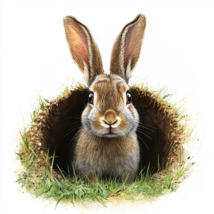 create an image of a rabbit coming out of a hole in a grassy fie...