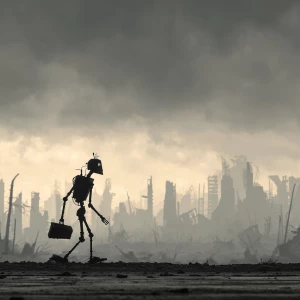 Small black silhouette of the robot to walk through a ruined cit...