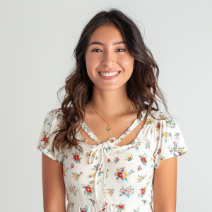 A cute woman

Smiling 

Clothes: White Floral Dress

Looks Clean...