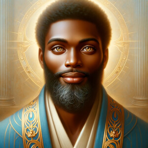 Create handsome African-American, Jesus, with Hazel Brown eyes wearing a blue and gold robe