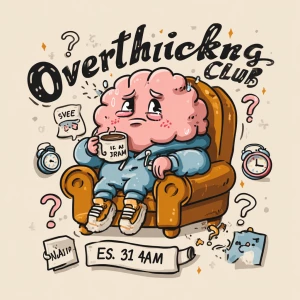A tired cartoon brain sitting in a club chair with bags under it...