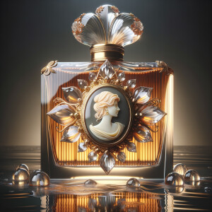 Craft an intricate digital artwork featuring an elegant perfume...