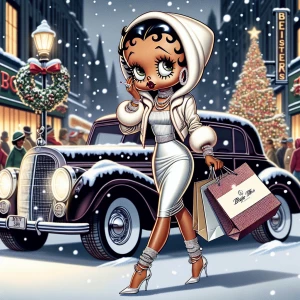 African-American Betty Boop with hazelnut-brown skin, strolls in...