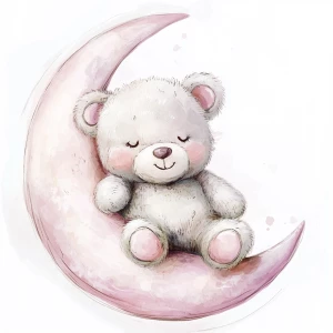 A cute, cartoon teddybear sits on a stylized, rosy-pink crescent moon. The teaddy bear is light gray with large, round, pink-spotted ears.  Its body is round and he has expressive eyes.  its facial expression is happy and friendly. The teddy bears legs and feet are visible, and its posture is relaxed, sitting, slumped into the moon. The moon is a soft, shaded pink, with watercolor-like texture and subtle shading. The background is white. The image is in a child-friendly style, showcasing delicate line work and color palettes. The composition is centered on the teddy bear which is positioned on the moon, giving the moon a hug with closed eyes. The overall style is sweet, whimsical, and reminiscent of children's book illustrations.  The colors are pastel and soothing, creating a gentle atmosphere.