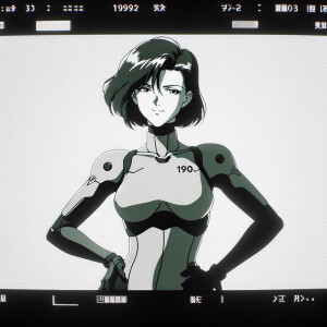 1990s anime screencap, girl a plugsuit, standing with hands on h...
