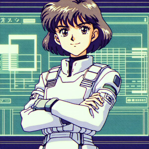 1990s anime screencap, girl a plugsuit, standing with hands on h...