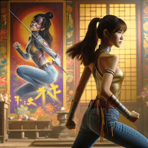 Athletic Thin skinny Attractive, Asian teenage girl, long brown hair and bangs, wearing tight skinny jeans and a halter top paint marks on her clothing, heroic pose Asian graffiti background, backside view