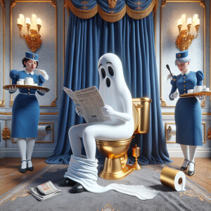 This humorous cartoon depicts a scene of a ghost  in an unconven...