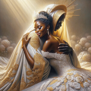 Imagine a hyper-realistic oil painting that captures a tender moment between theAfrican American bride and her God. The setting is intimate and filled with soft, warm lighting that enhances the emotional depth of the scene. The bride, in herexquisite wedding gown, shares a heartfelt embrace with her african-American Lord Jesus , who is dressedin an elegant outfit that complements the wedding's color scheme. Their expressions are full of love, pride, and joy, reflecting the special bond between them. Theattention to detail is paramount, from the intricate designs of their dresses to the subtle emotions conveyed in their facial expressions. The background is a blur ofgentle pastel hues, ensuring that the focus remains on this touching moment. Thispainting should convey the warmth, love, and depth of the relationship, with the rich textures and vibrant strokes characteristic of oil paintings, capturing the essence of this significant pre-wedding moment.