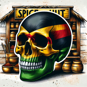 Human skull with Jamaican colors name spice hut