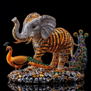 Create a hyper-realistic 3D image of a crystal elephant with det...