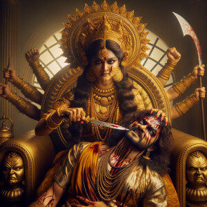 portrait of angry looking goddess durga cosplayer sitting on a gold crown and carrying a weak mahishasur cosplayer on her lap and she is stabbing his belly  with her amazing long fingernails. She is wearing gold armor, a huge gold crown, gold saree, abundant  gold jewelry, covered in blood. The scene is set in ancient India. The image is 8K resolution, photography, cinematic, ultra detailed face and epic