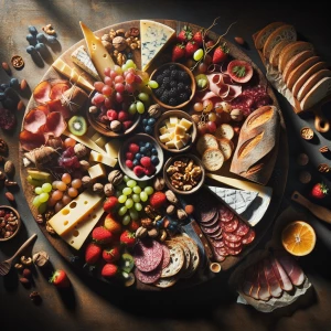 Create a detailed composition of a charcuterie board. Include a...