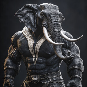 An anthropomorphic elephant  dressed in a fitted venom costume,...