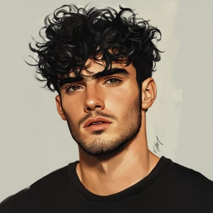 Well done handsome man with black curly hair, short hair, thick...