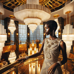 o	In the opulent splendor of an Art Deco penthouse, an elegant L...