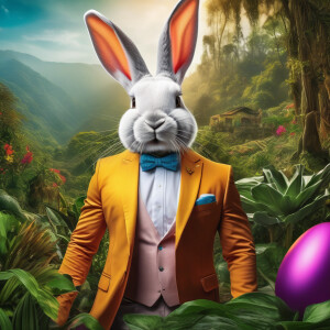Airbrush style: create a Easter landscape with a large bunny dre...