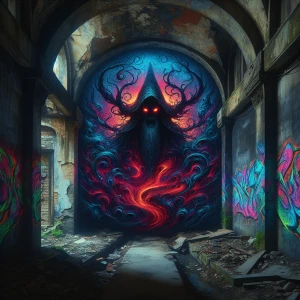 Twisted, nightmarish graffiti covering a decaying urban alleyway, dripping and pulsating with unnatural colors; a shadowy figure with glowing red eyes lurks in the background.