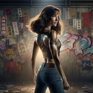 Athletic Thin skinny Attractive, Asian teenage girl, long brown hair and bangs, wearing tight skinny jeans and a halter top paint marks on her clothing, heroic pose Asian graffiti background, backside view