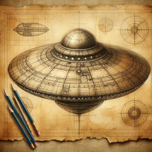 Aged parchment blueprint for a realistic UFO, lead medium, high...