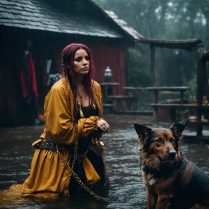 A drenched Wench chained to a block at a pirate hideaway on a ra...