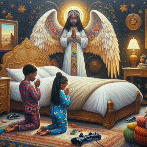 An oil painting of two African-American children with dark skin,...