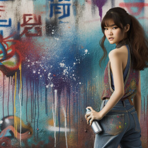 Attractive, Asian teenage girl, long brown hair and bangs, wearing tight skinny jeans and a halter top paint marks on her clothing, backside view heroic pose Asian graffiti