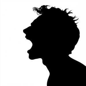 Create a black silhouette of a side profile picture someone yell...