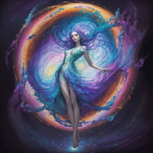 An ethereal figure floats within a swirling vortex of vibrant co...