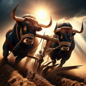 Draw two bulls working together to pull a cultivation plough