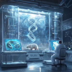 Image is a digital artwork depicting a futuristic laboratory set...