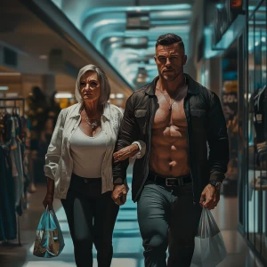 Realism style.A muscular, sweaty man walking with his 53 years...