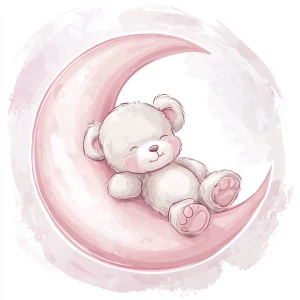 A cute, cartoon teddybear lies on a stylized, rosy-pink crescent moon. The teaddy bear is light gray with large, round, pink-spotted ears.  Its body is round and he has expressive eyes.  its facial expression is happy and friendly. The teddy bears leg and foot are visible, and its posture is relaxed, slumped in the curve of the moon. it's stomach is lying down on the moon with left arm and leg showing hanging down. The moon is a soft, shaded pink, with watercolor-like texture and subtle shading. The background is white. The image is in a child-friendly style, showcasing delicate line work and color palettes. The composition is centered on the teddy bear which is positioned on the moon, giving the moon a hug with closed eyes. The overall style is sweet, whimsical, and reminiscent of children's book illustrations.  The colors are pastel and soothing, creating a gentle atmosphere.