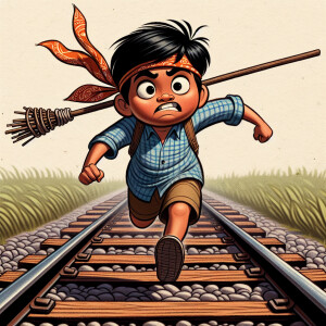 Comical caricature of a young boy running away, holding a stick...