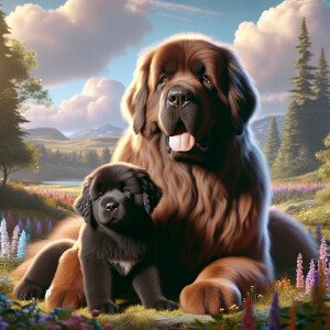 A Female Newfoundland dog with her puppy next to her 3D Photolis...