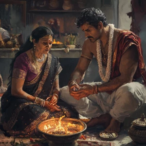 Digital art HD 1:1,A sweaty  man sitting beside his mother in la...