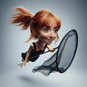 Ginger haired ponytail  petite goofy woman in black facing camer...