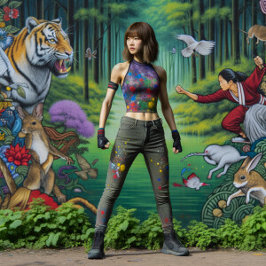 Athletic Thin skinny Attractive, Asian teenage girl, long brown hair and bangs, wearing tight skinny jeans and a halter top paint marks on her clothing, heroic pose Asian graffiti background, side view